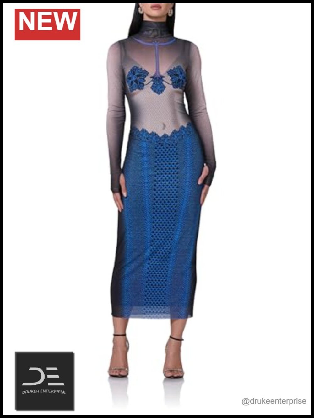 Turtleneck Long Sleeve Mesh Bodycon Midi Dress with Slip